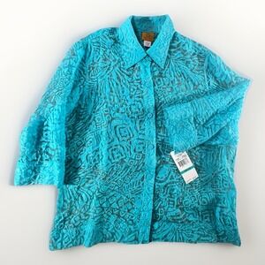 NWT Ruby Rd Blue Burnout Button Front‎ Under Top 3/4 Sleeve Rayon Blend Size 16